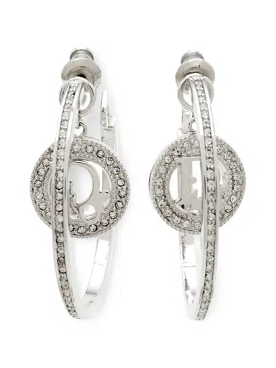 Pre-owned Dior Oblique Crystal-embelishement Hoop Earrings In Silver