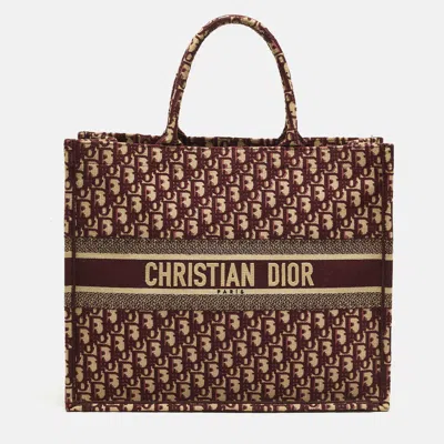 Pre-owned Dior Oblique Embroidered Book Large Burgundy Canvas Tote