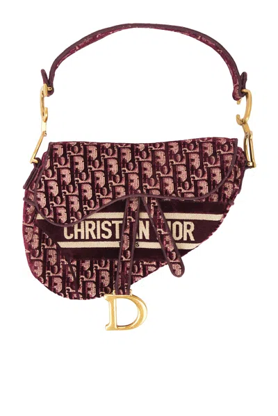 Pre-owned Dior Oblique Embroidered Velvet Saddle Bag In Red