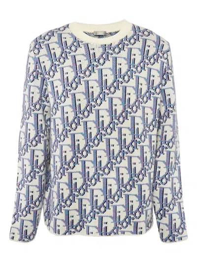 Pre-owned Dior Oblique-intarsia Sweater In White