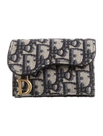 Pre-owned Dior Oblique Jacquard Canvas Card Holder In Blue