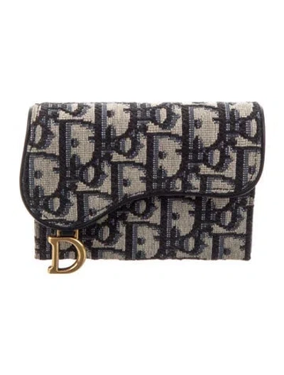 Pre-owned Dior Oblique Jacquard Canvas Compact Wallet In Black