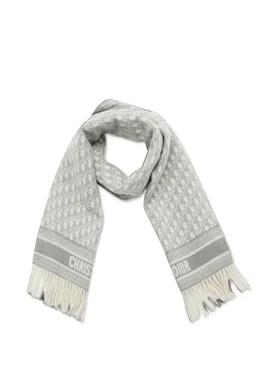 Pre-owned Dior Oblique Jacquard Fringed Scarf In Grey