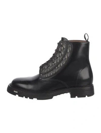 Pre-owned Dior Oblique Jacquard Leather Combat Boots In Black