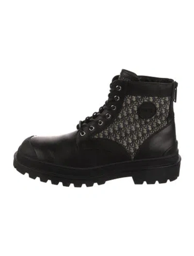 Pre-owned Dior Oblique Jacquard Leather Combat Boots In Black