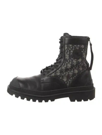 Pre-owned Dior Oblique Jacquard Leather Combat Boots In Black
