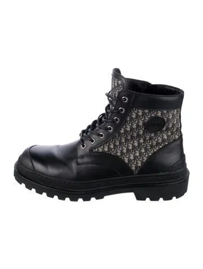 Pre-owned Dior Oblique Jacquard Leather Combat Boots In Black