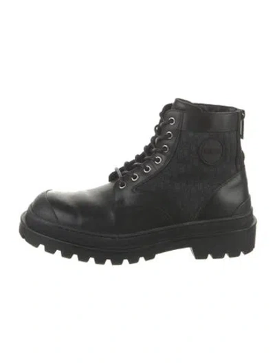 Pre-owned Dior Oblique Jacquard Leather Combat Boots In Black