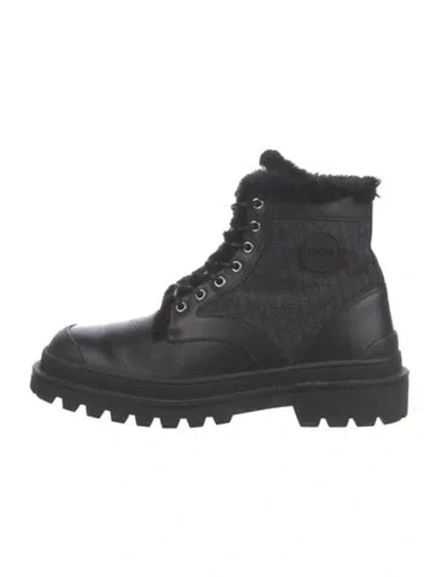Pre-owned Dior Oblique Jacquard Leather Lace-up Boots In Black