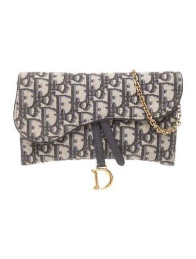 Pre-owned Dior Oblique Jacquard Saddle Wallet On Chain In Blue