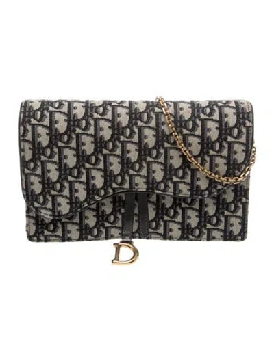 Pre-owned Dior Oblique Jacquard Wallet On Chain In Blue
