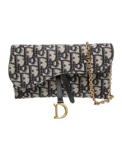 Pre-owned Dior Oblique Jacquard Wallet On Chain In Blue