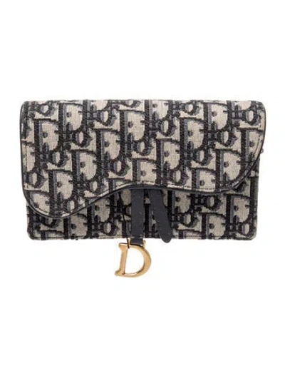 Pre-owned Dior Oblique Jacquard Wallet On Chain In Blue