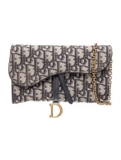 Pre-owned Dior Oblique Jacquard Wallet On Chain In Blue