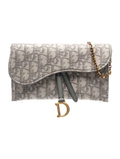 Pre-owned Dior Oblique Jacquard Wallet On Chain In Blue
