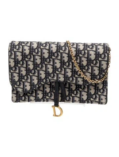 Pre-owned Dior Oblique Jacquard Wallet On Chain In Blue
