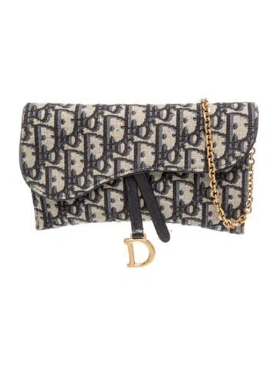 Pre-owned Dior Oblique Jacquard Wallet On Chain In Blue/neutrals
