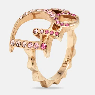 Pre-owned Dior Oblique Logo Crystal Studded Gold Tone Ring Size Eu 54 In Pink