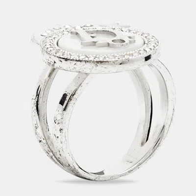 Pre-owned Dior Oblique Logo Mother Of Pearl Crystal Star Silver Tone Ring Size 52
