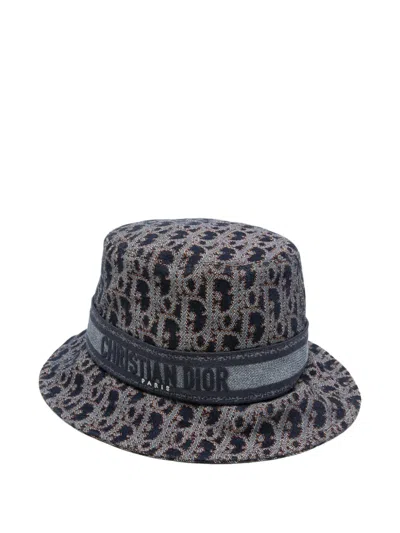 Pre-owned Dior Oblique Logo-band Bucket Hat In Blue