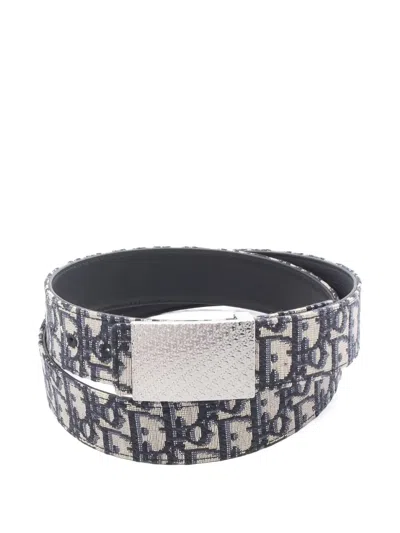 Pre-owned Dior Oblique Reversible Leather Belt In Blue