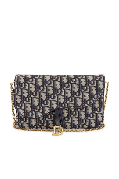 Pre-owned Dior Oblique Saddle Wallet On Chain In Blue