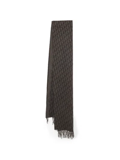 Pre-owned Dior Oblique Tasseled-ends Scarf In Gray