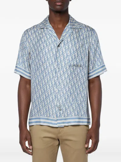 Pre-owned Dior Oblique-print Silk Shirt In Blue