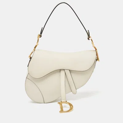 Pre-owned Dior Off White Leather Saddle Shoulder Bag