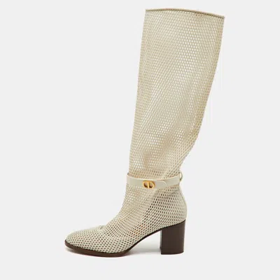 Pre-owned Dior Off White Mesh And Leather Empreinte Montaigne Knee Length Boots Size 36