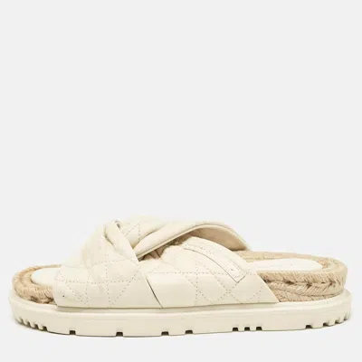 Pre-owned Dior Off White Quilted Leather D-twist Espadrille Flat Slides Size 37