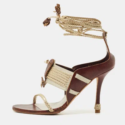 Pre-owned Dior Olive Brown/gold Leather And Fabric Ankle Tie Sandals Size 37