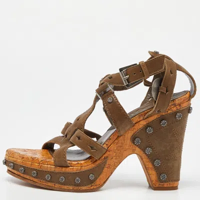 Pre-owned Dior Olive Green Leather Studded Cork Wedge Ankle Strap Sandals Size 37