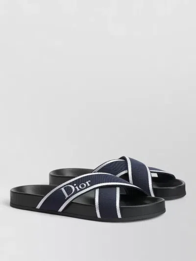 Dior Open Toe Flat Sole Crossed Strap Slides In Black