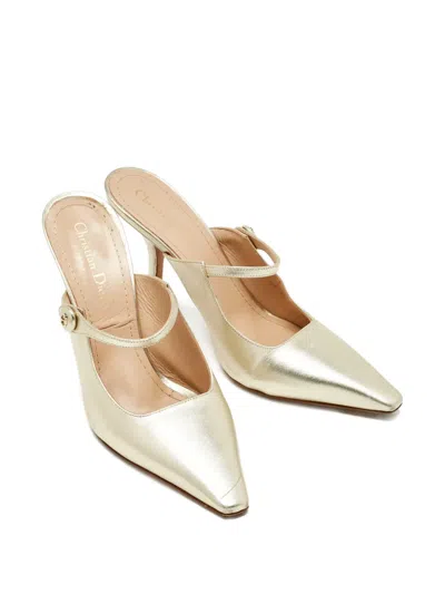 Pre-owned Dior Open-toe Leather Mules In Gold