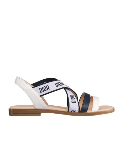 Dior Open-toed Flat Sandals In White/navy Blue