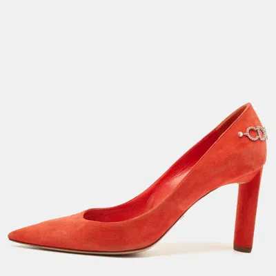 Pre-owned Dior Orange Suede Crystal Embellished Block Heel Pumps Size 40.5