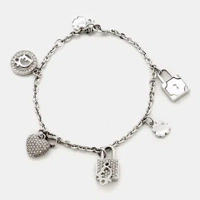 Pre-owned Dior Padlocks & Heart Charms Crystal Silver Tone Bracelet