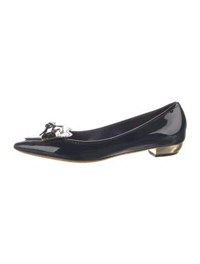 Pre-owned Dior Patent Leather Bow Accents Flats In Blue