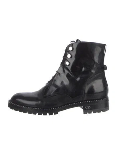 Pre-owned Dior Patent Leather Crystal Embellishments Combat Boots In Black