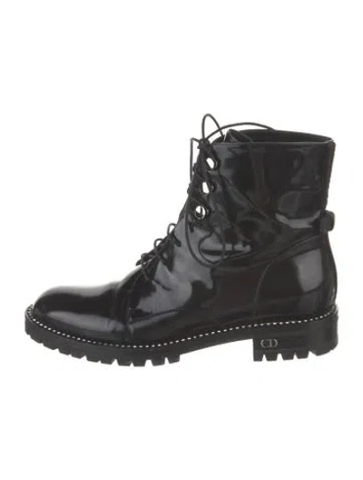 Pre-owned Dior Patent Leather Crystal Embellishments Combat Boots In Black