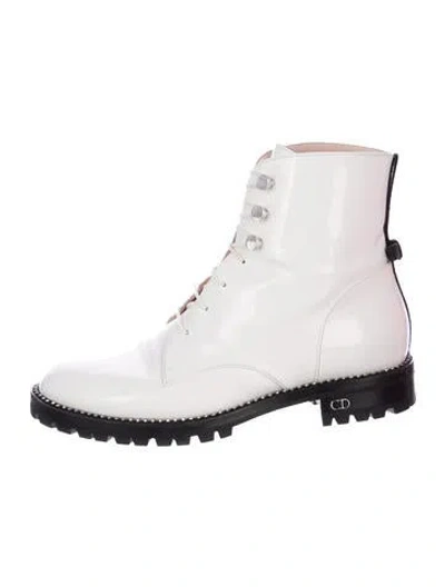 Pre-owned Dior Patent Leather Crystal Embellishments Combat Boots In White