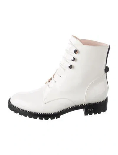 Pre-owned Dior Patent Leather Crystal Embellishments Lace-up Boots In White