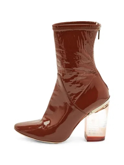 Pre-owned Dior Patent-leather Clear-heel Ankle Boots In Brown