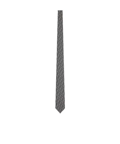 Dior Pattern Printed Silk Tie In Gray