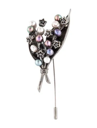Pre-owned Dior Pearl & Crystal Lily Of The Valley Pin Brooch In Black