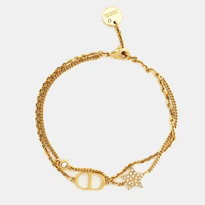 Pre-owned Dior Petit Cd Crystal Star Charm Double Chain Gold Tone Bracelet