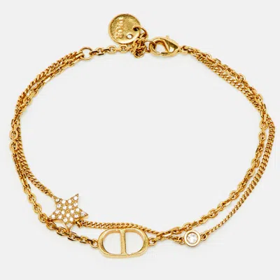 Pre-owned Dior Petit Cd Crystal Star Charm Gold Tone Double Chain Bracelet