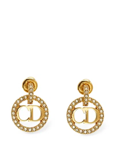 Pre-owned Dior Petit Cd Crystal-embellished Earrings In Gold