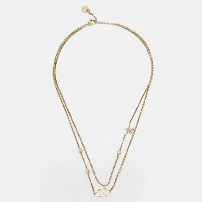 Pre-owned Dior Petit Cd Crystals Gold Tone Double Necklace